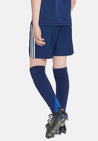 Pantaloni corti da calcio blu navy abbinati a calze a ginocchio coordinate, con un accento blu; indossati con scarpini da calcio neri con dettagli dorati.