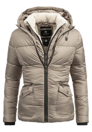 Beige padded jacket with a zip front and hood. Features a soft, fur-like interior, two front pockets, and an embroidered logo on the chest.