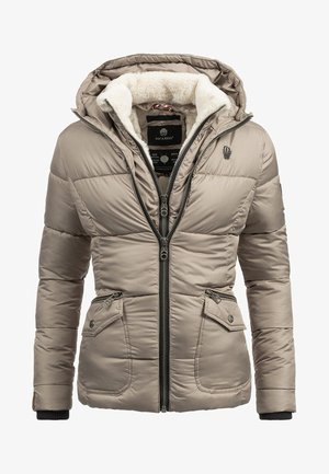 Beige padded jacket with a zip front and hood. Features a soft, fur-like interior, two front pockets, and an embroidered logo on the chest.