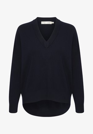 Marineblå V-hals sweater med lange ærmer, en afslappet pasform og en buet kant. Fremstillet af blødt, struktureret stof med minimale labels.