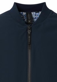 Marineblauer Bomberjacke mit Stehkragen, Reißverschluss und floral gemustertem Innenfutter. Hergestellt aus glattem Stoff mit gerippten Bündchen und Säumen.