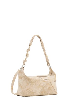 Beżowa torebka z tłoczonymi kwiatowymi wzorami, z detalami w postaci wiązanych pasków i srebrnymi akcentami suwaka.