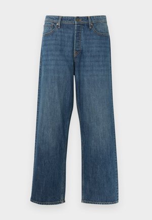 Blaue Straight-Leg-Denim-Jeans mit klassischem Fünf-Taschen-Design und Knopfverschluss, dargestellt vor einem schlichten weißen Hintergrund.