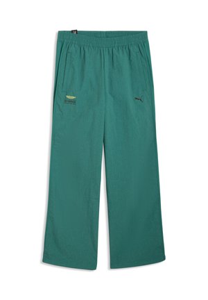 Luźne spodnie w kolorze niebiesko-zielonym z elastycznym pasem, bocznymi kieszeniami, wytłaczanym wzorem w kratkę oraz logo Aramco i Puma z przodu.