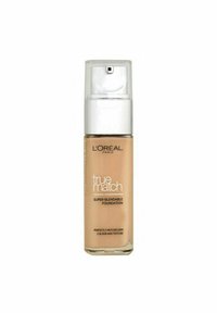 L'Oréal True Match Super-Blendable Foundation i en transparent flaska med pumpsdispensör; ljus beige färg, jämn textur, minimal branding.