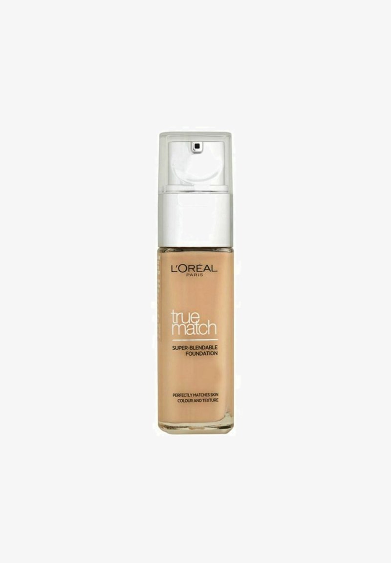 L'Oréal True Match Super-Blendable Foundation i en transparent flaska med pumpsdispensör; ljus beige färg, jämn textur, minimal branding.