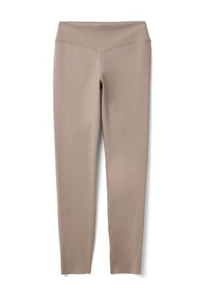 Leggings taille haute couleur taupe avec un tissu lisse et élastique et un détail de couture en forme de V à la taille.