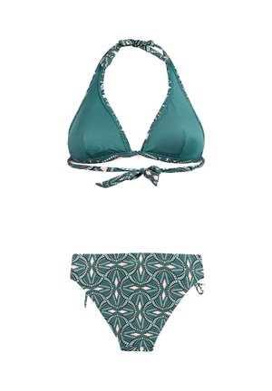 Turquoise halterbikini met geplooide rand en bijpassende bikinibroekjes met geometrische vormen in turquoise en perzik.