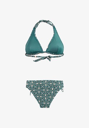Bikini tipo halter en color azul verdoso con ribete estampado y braguitas a juego con formas geométricas en azul verdoso y melocotón.