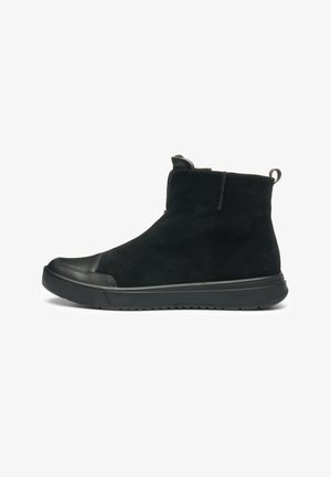 Black suede ankle boot with rubber sole, rounded toe, and pull tab at the back, designed for casual wear.