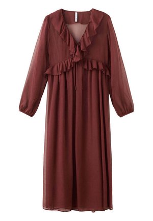Bordowa sukienka z długim rękawem z przezroczystego materiału, z falbankowym dekoltem w kształcie litery V, falbankami w talii i sznurkiem do zawiązania z przodu.