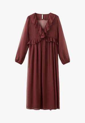 Bordowa sukienka z długim rękawem z przezroczystego materiału, z falbankowym dekoltem w kształcie litery V, falbankami w talii i sznurkiem do zawiązania z przodu.