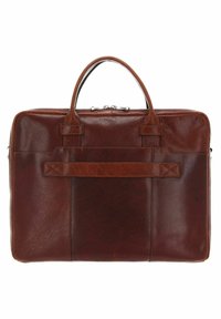 Braune Lederaktentasche, rechteckige Form, glatte Textur, zwei obere Griffe, Vordertasche mit Klappe, silberner Reißverschlussverschluss, schlichtes Design.