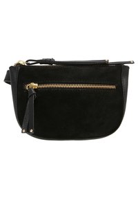 Musta mokka- ja nahkainen olkalaukku, jossa pyöreä muoto, kullanvärinen vetoketjusomiste ja pieni hapsu vetoketjun vetimessä.