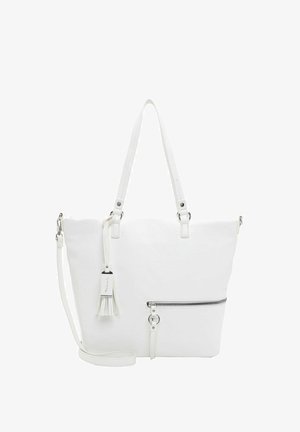 Witte tote bag gemaakt van gestructureerd synthetisch materiaal. Bevat dubbele handvaten, een verstelbare schouderband, een zak met rits aan de voorkant en een kwastje als detail.