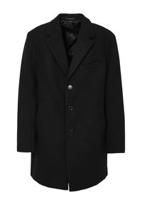Manteau en laine noir avec col cranté, trois boutons, poches latérales et poche poitrine. Texture lisse et silhouette ajustée.