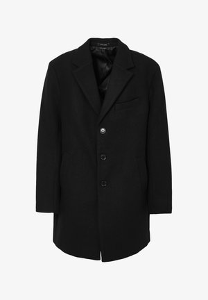 Schwarzer Wollmantel mit Reverskragen, drei Knöpfen, seitlichen Taschen und einer Brusttasche. Glatte Textur und taillierte Silhouette.