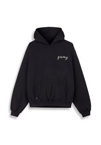 Sudadera negra de algodón, con un bolsillo tipo canguro en la parte frontal, puños acanalados y un logo "grmy" bordado en blanco en el pecho.
