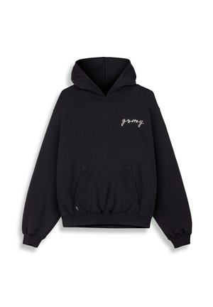 Black hoodie made of cotton, featuring a front kangaroo pocket, ribbed cuffs, and a white embroidered "grmy" logo on the chest.