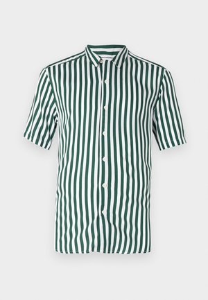 Grün-weiß gestreifte kurzärmlige Hemd mit Knopfleiste aus Baumwolle. Verfügt über einen Kragen und gleichmäßig verteilte vertikale Streifen.