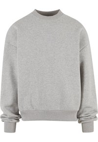 Sweat-shirt gris clair à manches longues avec col rond, poignets et ourlet côtelés, présenté sur fond blanc.