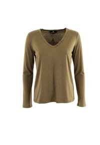 Maglietta a maniche lunghe verde oliva con scollo a V e tre bottoni sul collo. Motivo a stelle all'interno. Tessuto morbido, vestibilità comoda.