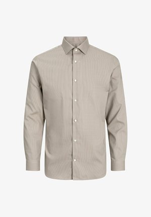 Beżowa, długosleeve, koszula zapinana na guziki z kołnierzykiem i mankietami, wyeksponowana frontem na białym tle.