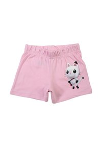 Shorts en coton rose avec une ceinture élastique, mettant en vedette un dessin animé de chat blanc sur le côté gauche. Texture douce et coupe décontractée.