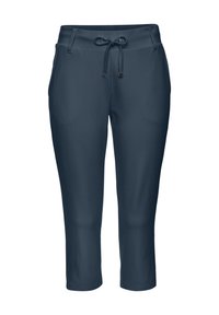 Námořnické modré zkrácené kalhoty z měkké tkaniny, které mají elastický pas se šňůrkou a dvě boční kapsy.