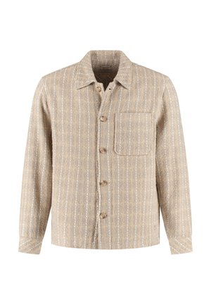 Beige overhemd met lange mouwen, knopen aan de voorkant, verticale witte strepen, een borstzak en een klassieke kraag.