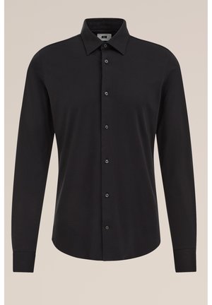 Must toonika pikad varrukad nööpidega särk, millel on klassikaline krae, seitse nööpi esiküljel ja nööbitavad varrukamansetid.