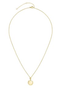 Halskette in Goldton mit einer zarten Kette, ausgestattet mit einem runden Anhänger, der die Worte "sei freundlich" in erhabener Schrift trägt.