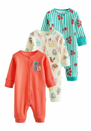 Kolm värvikat beebikombet pikka varrukaga ja trukkide kinnitusega; korallpunane ühevärviline, valge puuvilja- ja toidukrassi ja teise triibuline türkiisi ja valge kirssidega.