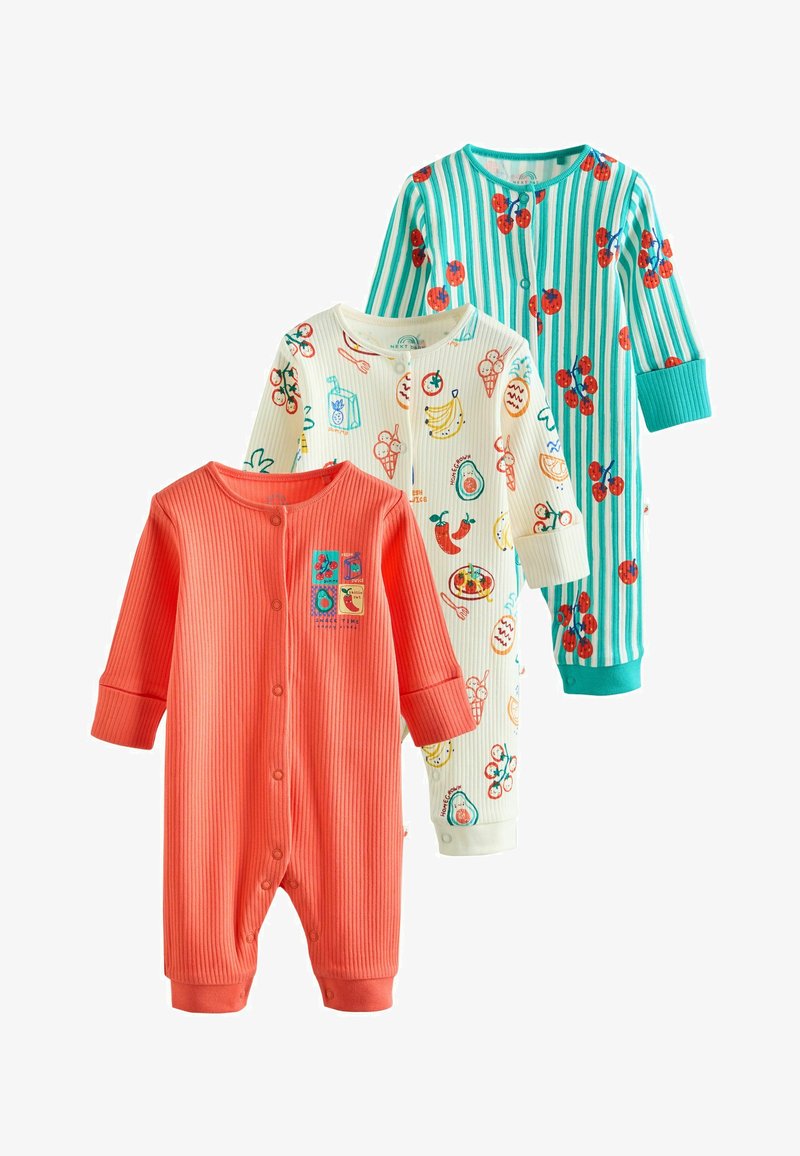 Trois grenouillères bébé colorées à manches longues avec fermeture par pressions ; corail uni, blanc avec dessins de fruits et nourriture, rayé turquoise et blanc avec cerises.