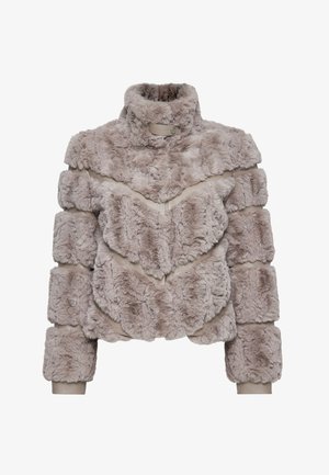 Lichtbruine nep bont cropped jack met een hoge kraag, chevronpatroon en brede mouwen, met een gladde textuur en drukknopsluiting.