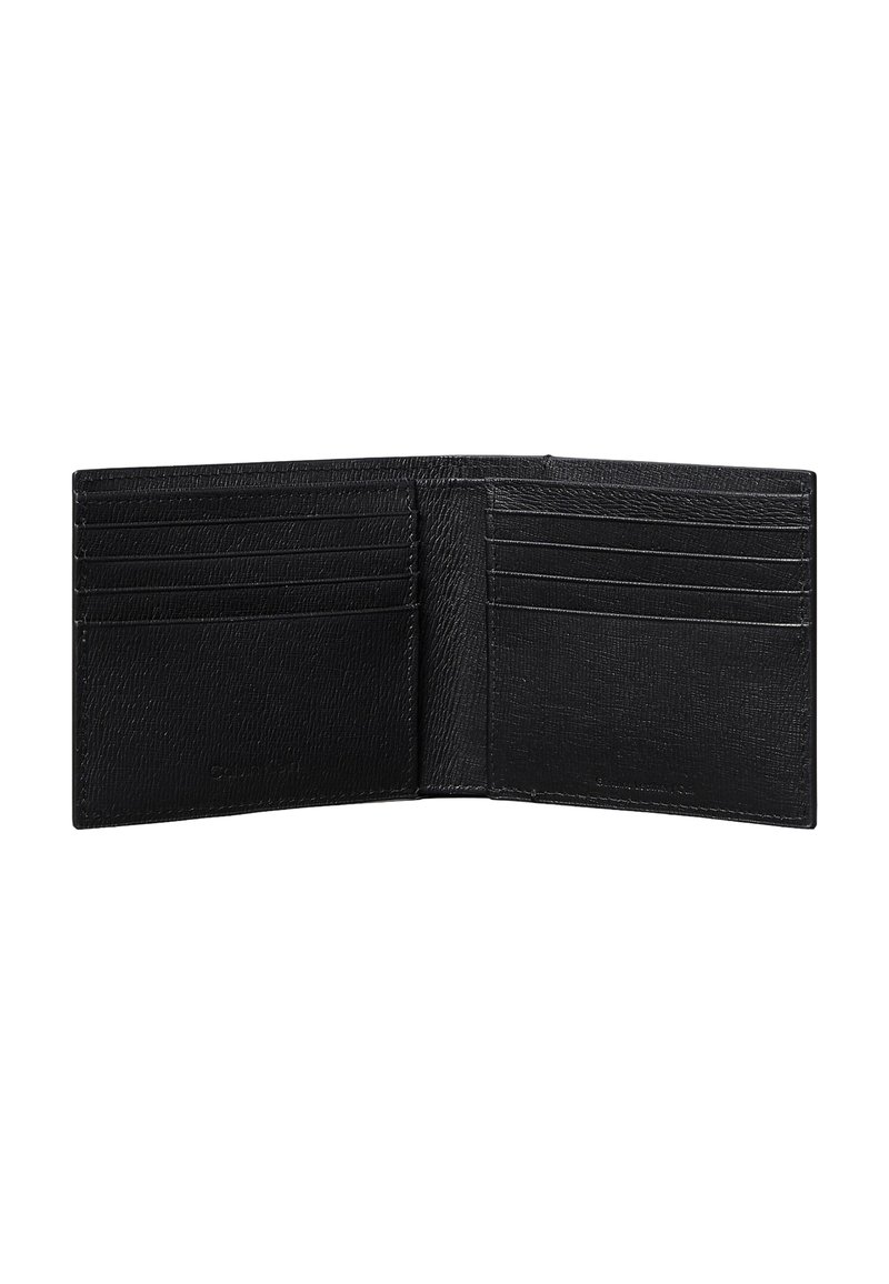 Portafoglio in pelle nera, design bifold, superficie texturizzata, con diversi scomparti per carte e un vano interno per banconote o appunti.