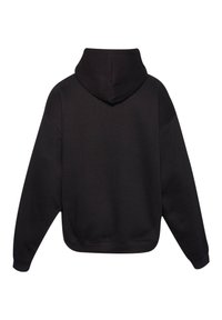 Felpa nera con cappuccio regolabile, maniche lunghe e vestibilità comoda. Realizzata in tessuto morbido, presenta polsini e orlo a coste. Vista da dietro.