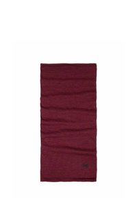 Maroon neck gaiter made of soft, stretchy fabric with a simple tubular design. Features a small black logo in the lower corner.