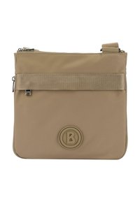 Beige nylon bag with a textured ribbon accent, featuring a rounded logo in the center and a zip closure at the top. Compact shape.