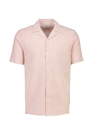 Kurzärmeliges Hemd zum Knöpfen mit vertikalen rosa und weißen Streifen, Reverskragen und fünf weißen Knöpfen vorne.