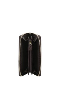 Brown leather wallet with a zip closure, featuring an interior with compartments, card slots, and a textured finish.