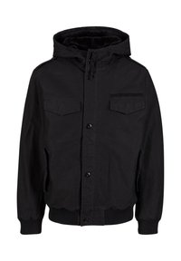 Black outerwear jacket with a zip-up front, two chest pockets, hood, ribbed cuffs and hem, and a smooth, durable fabric texture.