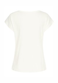 Haut blanc à manches courtes avec un décolleté rond. Tissu léger et doux avec une texture lisse et une coupe décontractée. Aucuns motifs ou accents visibles.