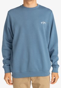Sudadera de forro polar azul con cuello redondo, puños y dobladillo acanalados, que presenta un pequeño logo blanco en el lado izquierdo del pecho. Textura suave.