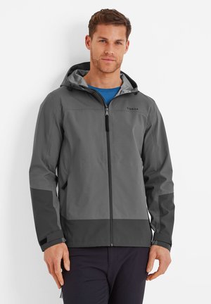Windbreaker jacket in dark gray, featuring a half-zip, adjustable hood, and elastic cuffs. Made from lightweight, weather-resistant fabric.
