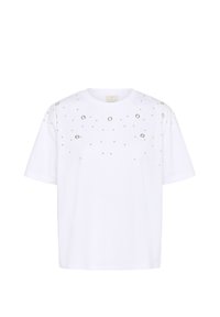 T-shirt en coton blanc à manches courtes, orné de clous circulaires en argent disposés de manière éparse sur le devant.