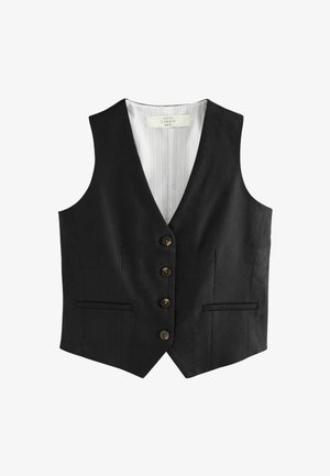 Gilet en lin noir avec un design en V, cinq boutons en bronze et deux poches avant. L'intérieur présente une doublure rayée.