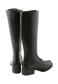 Black leather knee-high boots with a rounded toe, lace-up front, and a low block heel. Smooth texture with minimal detailing.
