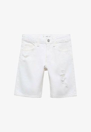 Hvide denimshorts med forlommer, bæltestropper, knaplukning og slidte detaljer på det højre lår.