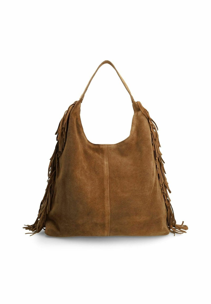 Bruine suède hobo tas met een gladde oppervlakte en lange franjes aan de zijkanten. Voorzien van een enkele schouderriem voor het vervoeren.